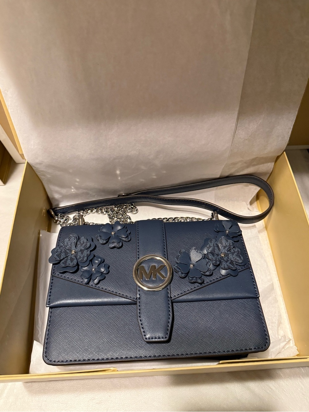 Michael Kors Navy Floral Appliqué Leather Crossbody